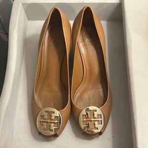 Tory Burch camel leather peep toe wedges